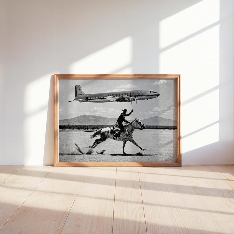 Vintage Cowboy Print, American Airlines Wall Art, 1950s Airplane Photo Poster, Black and White Western Decor, Mid Century Horseback Canvas