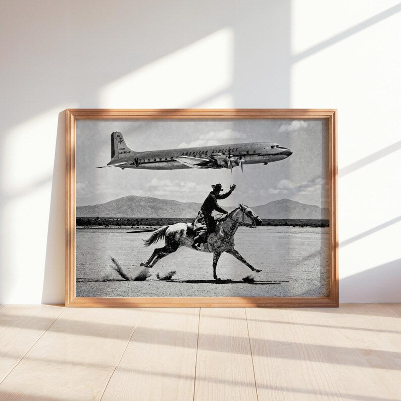 Vintage Cowboy Print, American Airlines Wall Art, 1950s Airplane Photo Poster, Black and White Western Decor, Mid Century Horseback Canvas