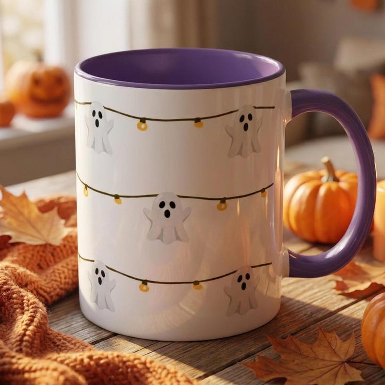 Ghost String Lights Mug, Cute Halloween Coffee Mug, Ghost Mug Gift, Spooky Season Mug, Halloween Gift for Her, Cute Ghost Cup, Halloween Mug