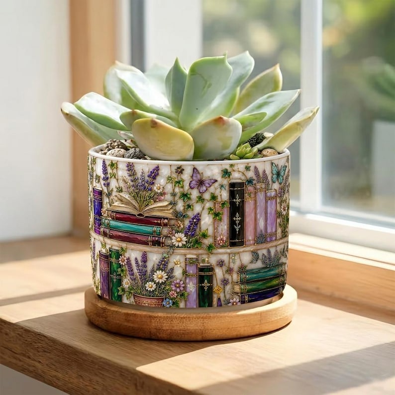 Stained-Glass Style Floral Bookshelf Plant Pot, Teacher Gift, Bookworm Gifts, Librarian Gift, Teacher Back to School Gift, Book Lover
