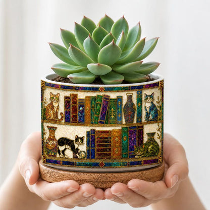 Cat and Books Stained Glass Plant Pot, Floral Cozy Library Pot, Cat Bookish Gift For Reader, Gift For Book Lover, Library Decor Ceramic Pot