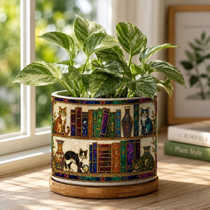 Cat and Books Stained Glass Plant Pot, Floral Cozy Library Pot, Cat Bookish Gift For Reader, Gift For Book Lover, Library Decor Ceramic Pot