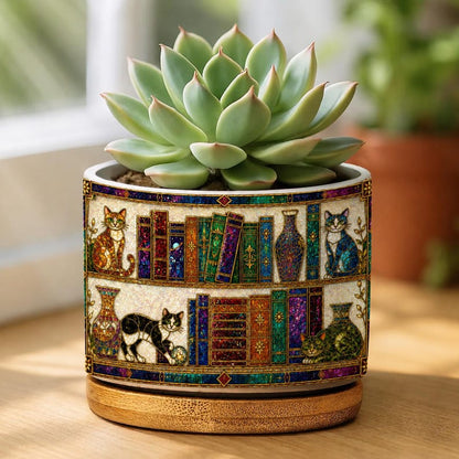 Cat and Books Stained Glass Plant Pot, Floral Cozy Library Pot, Cat Bookish Gift For Reader, Gift For Book Lover, Library Decor Ceramic Pot