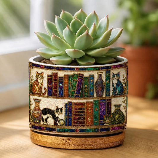 Cat and Books Stained Glass Plant Pot, Floral Cozy Library Pot, Cat Bookish Gift For Reader, Gift For Book Lover, Library Decor Ceramic Pot