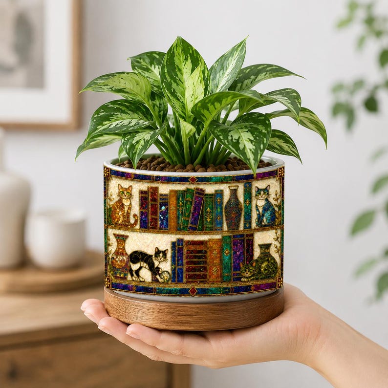 Cat and Books Stained Glass Plant Pot, Floral Cozy Library Pot, Cat Bookish Gift For Reader, Gift For Book Lover, Library Decor Ceramic Pot