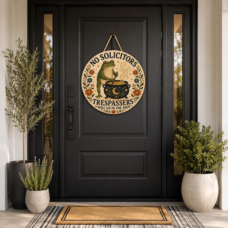 Frog No Solicitors Wood Door Sign with Cauldron and Floral Border