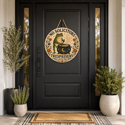 Frog No Solicitors Wood Door Sign with Cauldron and Floral Border