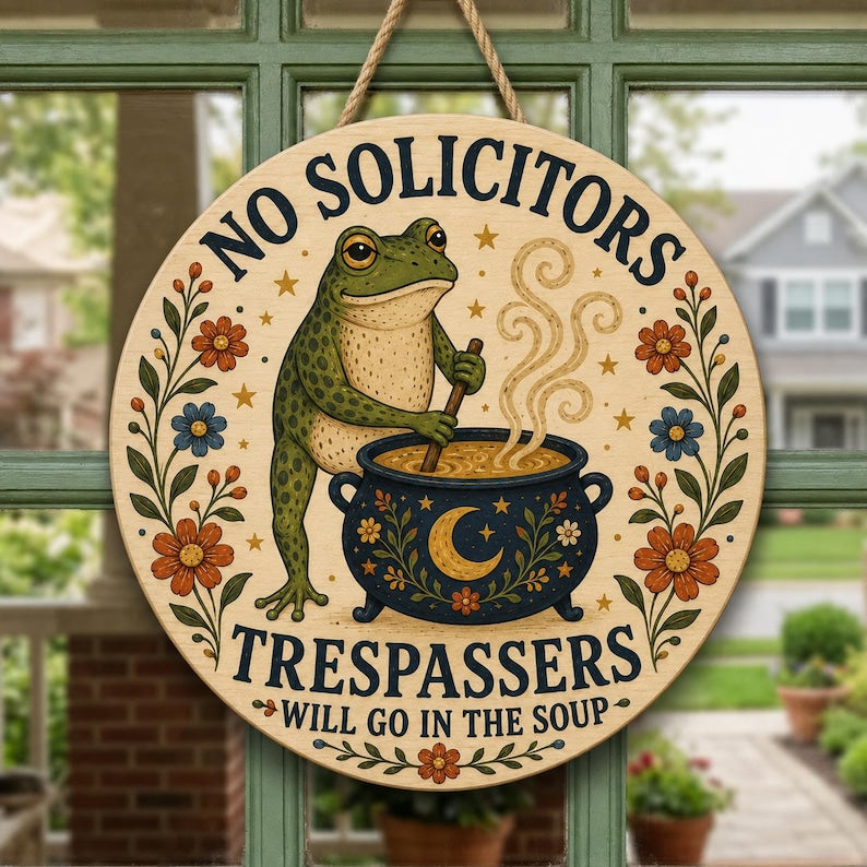 Frog No Solicitors Wood Door Sign with Cauldron and Floral Border