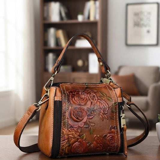 Embossed Rose Leather Bucket Bag Women Vintage Floral Shoulder Purse Personalized Tan Crossbody Handbag Artisan Everyday Bag Gift for Mom