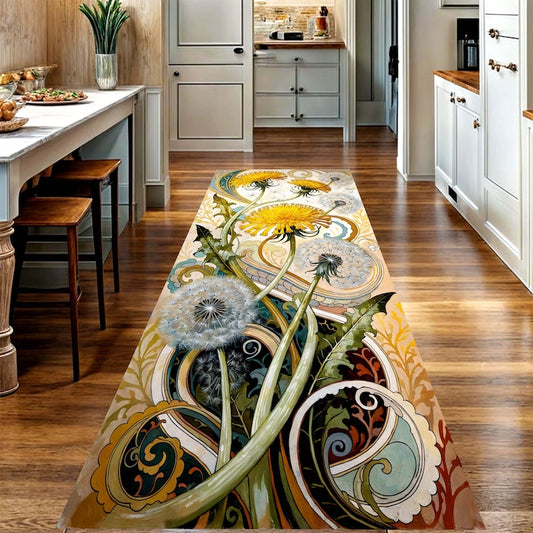 Art Nouveau Dandelion Runner Rug: Botanical Hallway Carpet, Non-Slip Machine-Washable