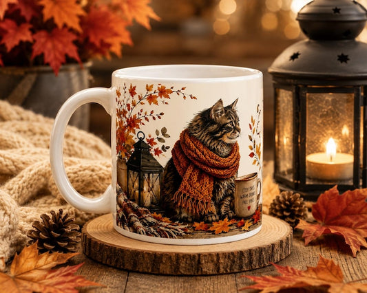 Cozy Tabby Cat Autumn Mug, Knitted Scarf Fall Landscape Coffee Cup (11oz or 20oz)