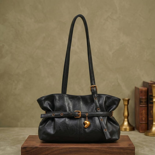 Soft PU Leather Shoulder Bag, French Aesthetic Pleated Handbag, Vintage Style Tote with Charm, Minimalist Everyday Purse, Gift for Her
