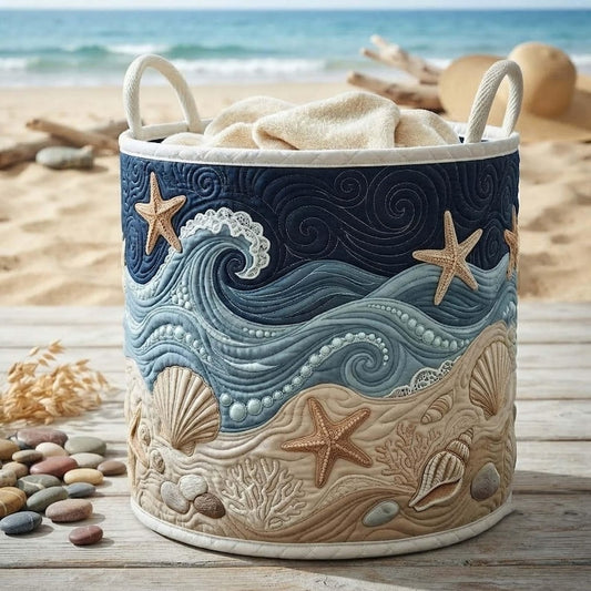 Ocean Spirit Quilted Laundry Basket: Beach Theme Storage Bin, Sea Theme Clothes Hamper