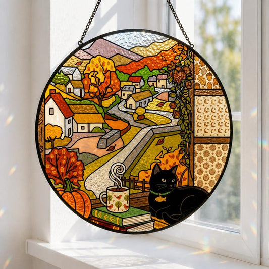 Pumpkin Cat Stained Glass Suncatcher, Autumn Window Hanging Decor, Cozy Fall Cottage Glass Art, Rustic Home Decor Gift for Cat Lovers