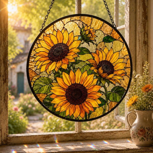 Sunflower Lovers Stained Glass Suncatcher, Golden Window Hanging Gift