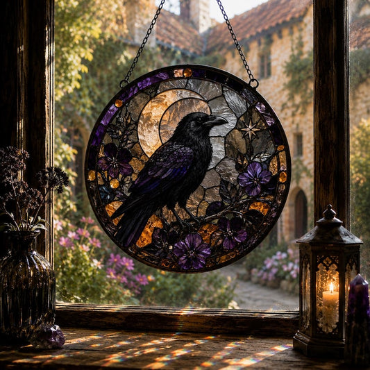 Gothic Raven Suncatcher, Resin Moon Window Hanging, Stained Glass Style Decor for Witchy Home, Raven Lover Gift
