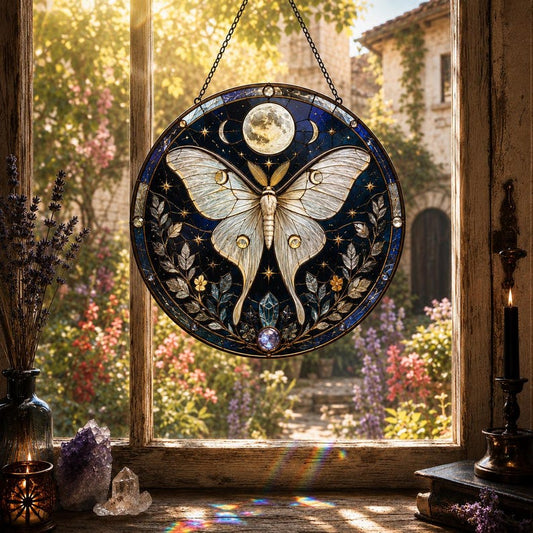 Luna Moth Suncatcher, Celestial Resin Window Hanging, Moon Stained Glass Style Decor, Witchy Home Gift