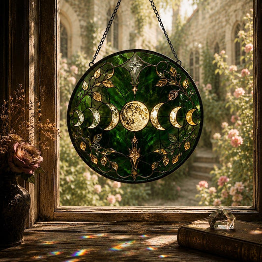 Moon Phase Suncatcher, Green Gothic Resin Window Hanging, Celestial Moon Decor for Witchy Homes, Gift for Moon Lovers