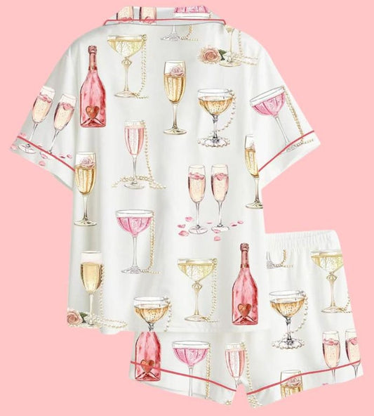 Women’s Pearls  Prosecco Satin Pajama Set, Bridal Shower Champagne Print Short & Long Sleeve Sleepwear, Bachelorette Party Gift