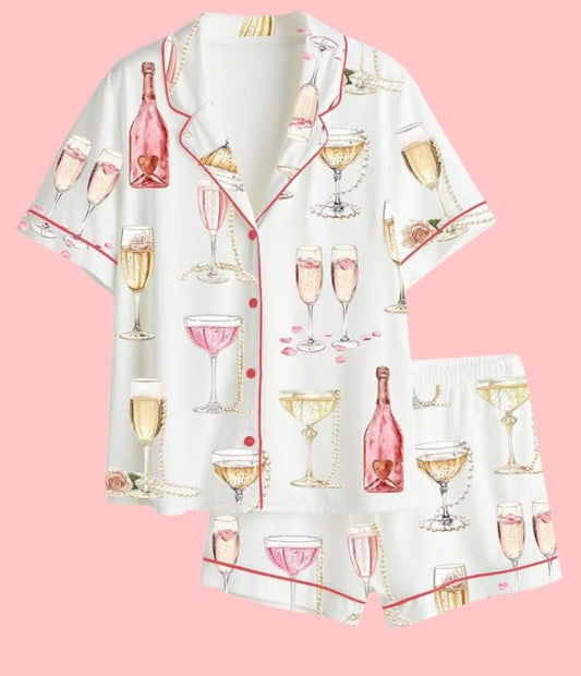 Women’s Pearls  Prosecco Satin Pajama Set, Bridal Shower Champagne Print Short & Long Sleeve Sleepwear, Bachelorette Party Gift