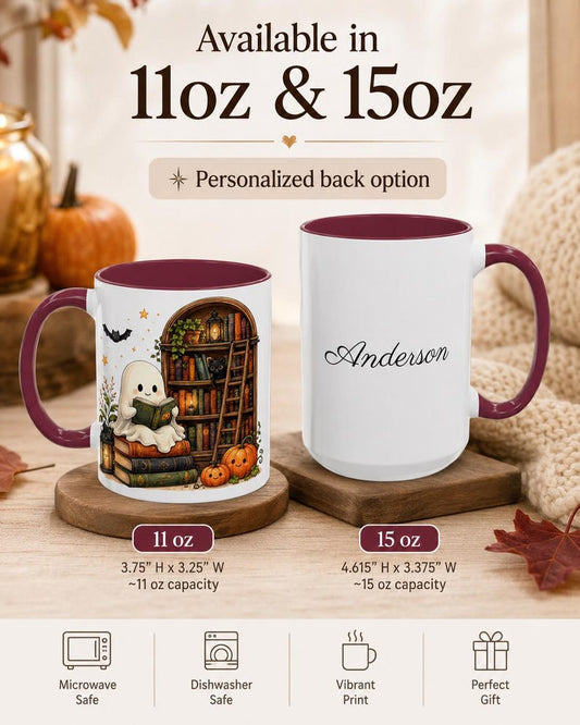 Personalized Reading Ghost Mug, Halloween Book Lover Coffee Cup, Spooky Pumpkin Library Mug