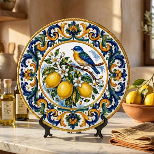 Decorative Display Plate Inspired By Italian Majolica Bluebird And Yellow Lemons Floral Border