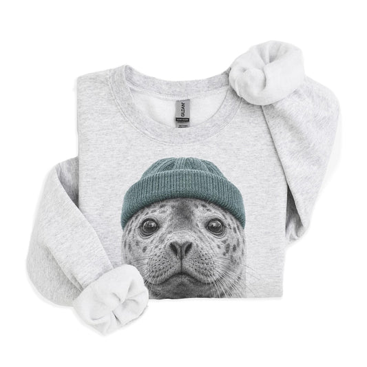 Retro Leopard Seal Wearing Beanie Unisex Sweatshirt