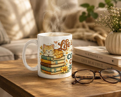 Ceramic Mug, Coffee Cats Books Lover, Cozy Reader Gift, Cat Mom Bibliophile Cup