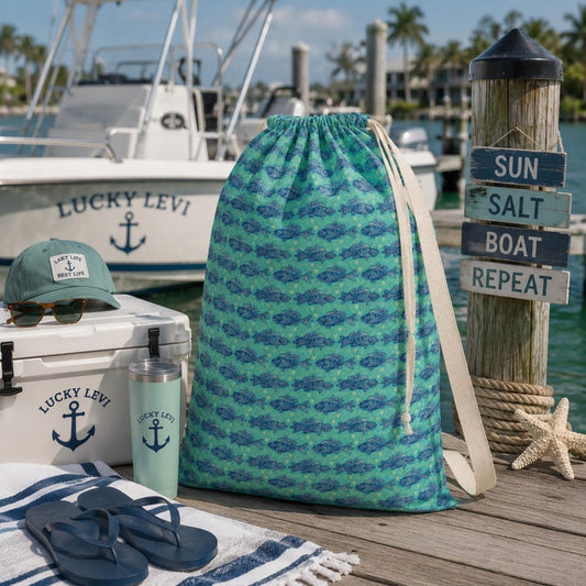 Coastal Fish Boat Bag, Beach Storage Bag, Large Drawstring Beach Tote, Lake House Gear Bag, Pool Toy Storage, Vacation Bag