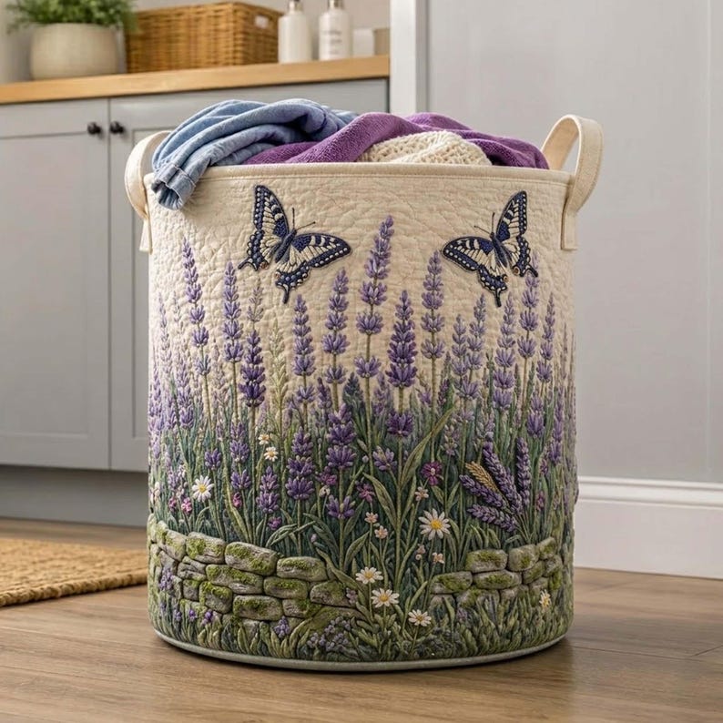 Lavender Field Quilted Laundry Basket: Floral Butterfly Clothes Hamper, Gift For Mom