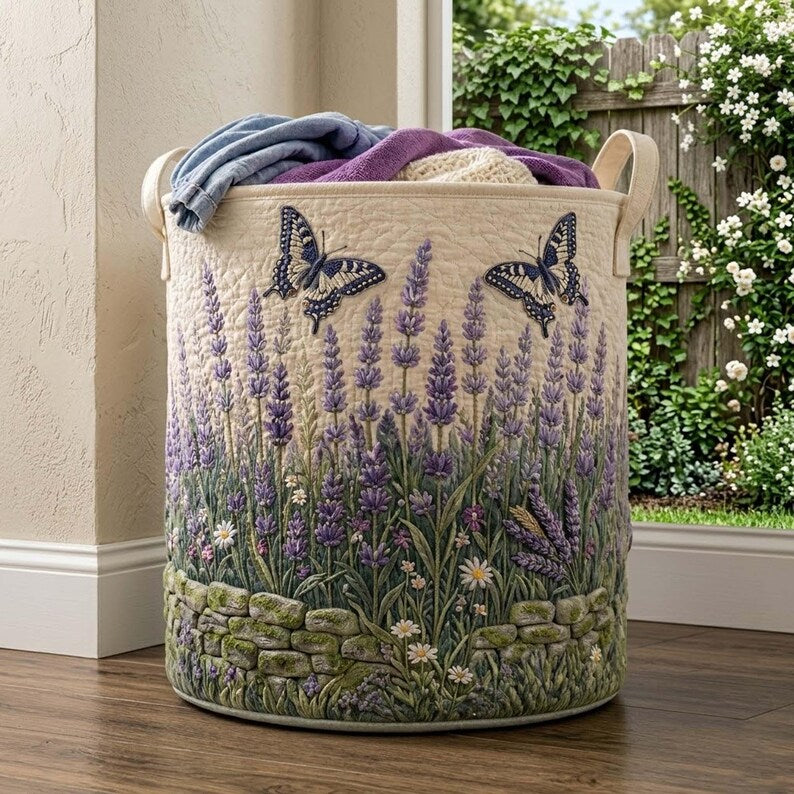 Lavender Field Quilted Laundry Basket: Floral Butterfly Clothes Hamper, Gift For Mom