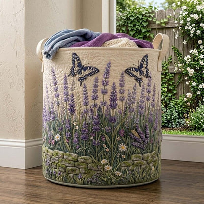 Lavender Field Quilted Laundry Basket: Floral Butterfly Clothes Hamper, Gift For Mom