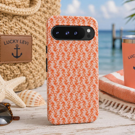 Coral Seahorse Tough Phone Case, Coastal Protective iPhone Case, Samsung Galaxy S26 & Pixel Pro Cover, Beach Ocean Gift