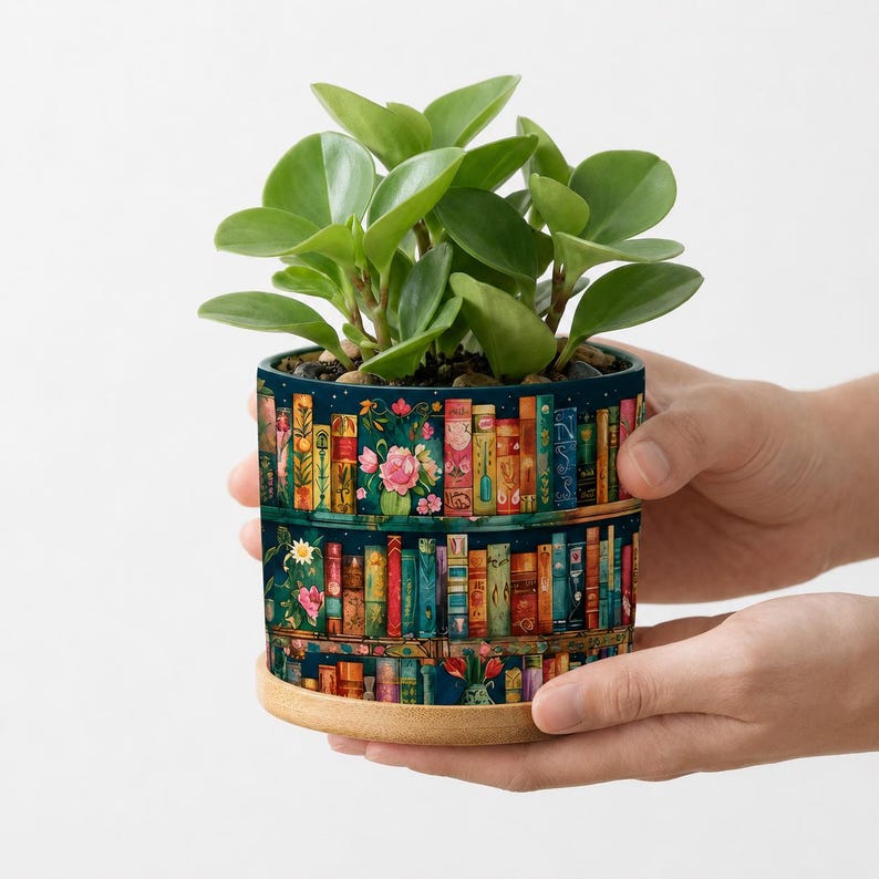 Bookshelf Vintage Plant Pot Ceramic Plant Pot, Succulent Planter, Books And Floral Design, Book Lover Gift, Teacher Gift