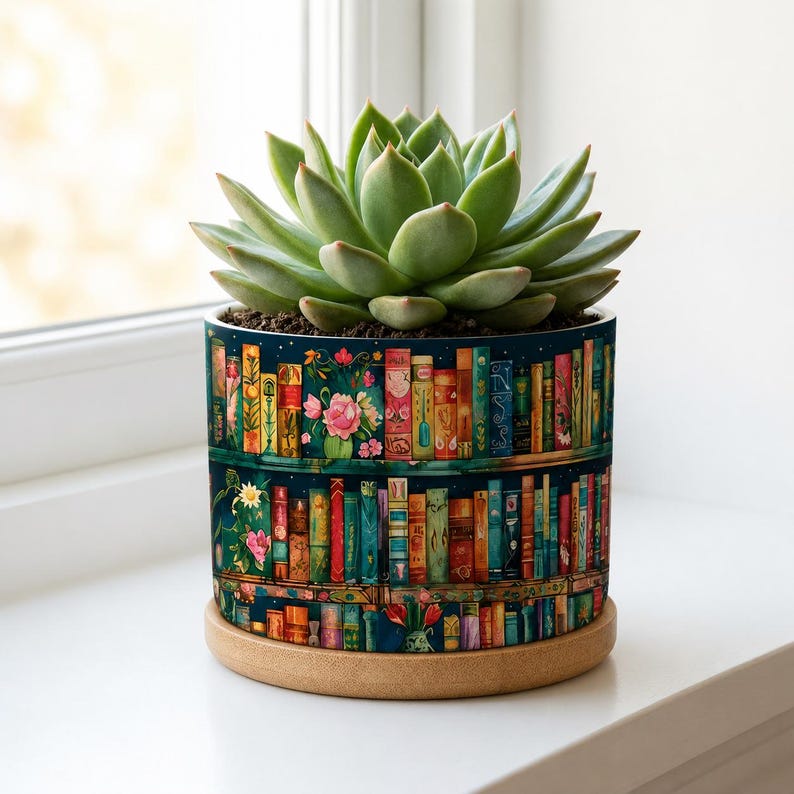 Bookshelf Vintage Plant Pot Ceramic Plant Pot, Succulent Planter, Books And Floral Design, Book Lover Gift, Teacher Gift