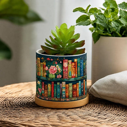 Bookshelf Vintage Plant Pot Ceramic Plant Pot, Succulent Planter, Books And Floral Design, Book Lover Gift, Teacher Gift
