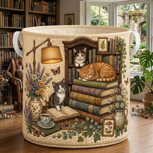 Quilted Laundry Basket: Vintage Bookish Cats Library Storage Bin