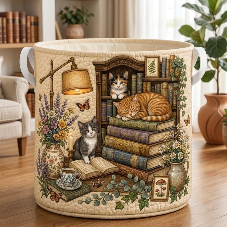 Quilted Laundry Basket: Vintage Bookish Cats Library Storage Bin