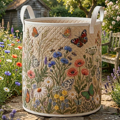 Floral Garden Quilted Laundry Basket, Botanical Storage Bin, Butterfly Flower Hamper