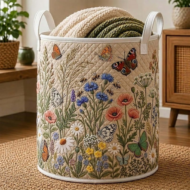Floral Garden Quilted Laundry Basket, Botanical Storage Bin, Butterfly Flower Hamper