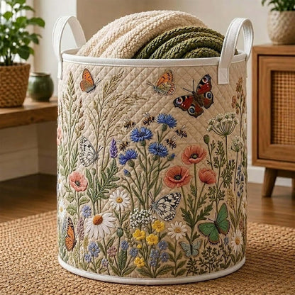 Floral Garden Quilted Laundry Basket, Botanical Storage Bin, Butterfly Flower Hamper