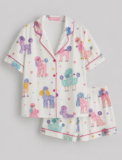 Women’s Colorful Poodle Print Satin Pajama Set, Short Sleeve Dog Lover Sleepwear, Cute Pet Pajamas