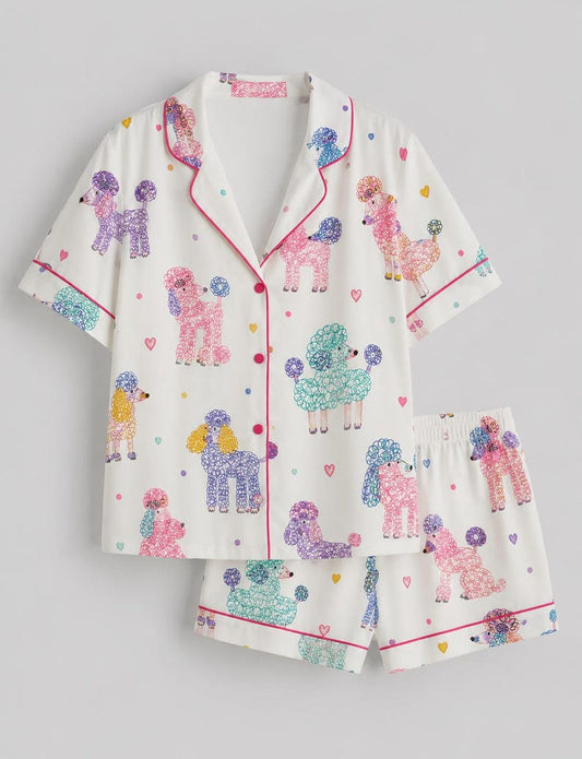 Women’s Colorful Poodle Print Satin Pajama Set, Short Sleeve Dog Lover Sleepwear, Cute Pet Pajamas