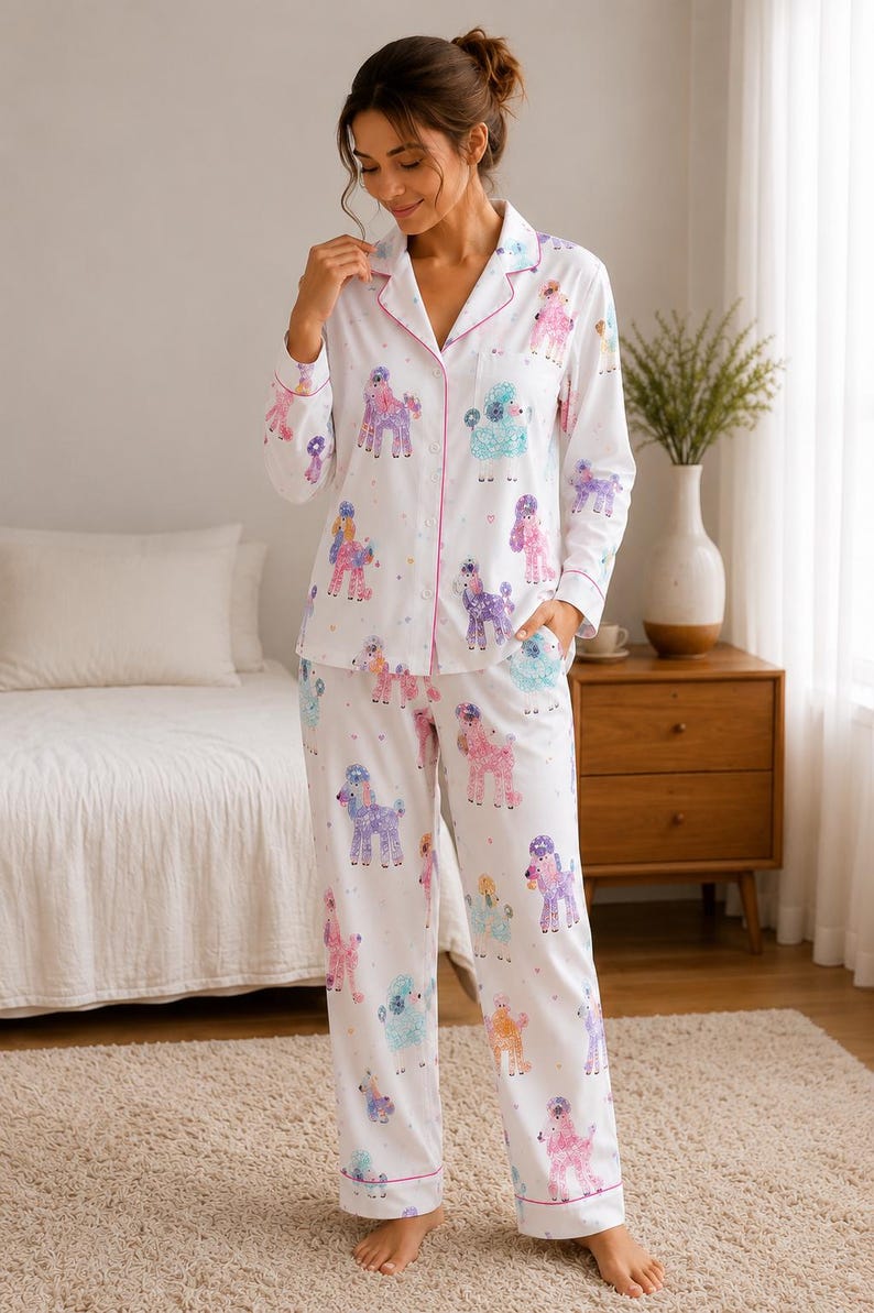 Women’s Colorful Poodle Print Satin Pajama Set, Short Sleeve Dog Lover Sleepwear, Cute Pet Pajamas