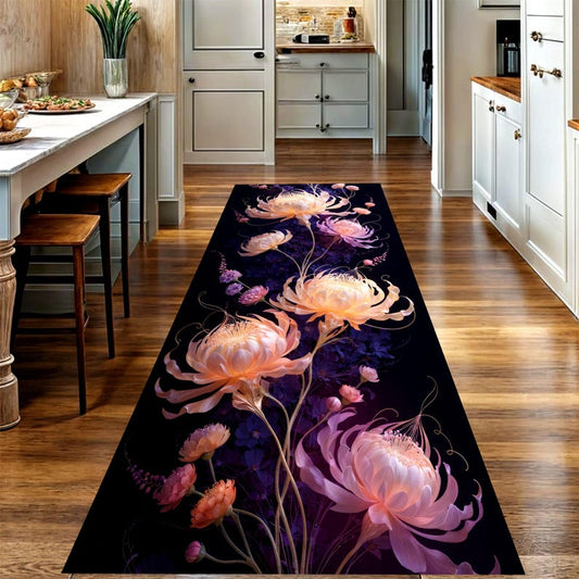 Moonlit Chrysanthemum Runner Rug: Peach Pink Floral Hallway Carpet, Non-Slip Machine-Washable