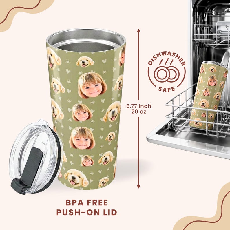 Personalized Pet Photo Tumbler, Custom Photo Insulated Tumbler 20oz with Many Faces, Travel Mug, Pet Gift