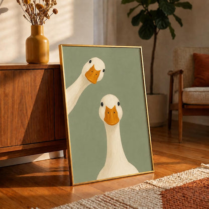 Goose Duo Poster, Minimalist Animal Wall Art, Funny Farmhouse Decor Print, Curious Duck Print, Sage Green Wall Art, Goose Lover Gift