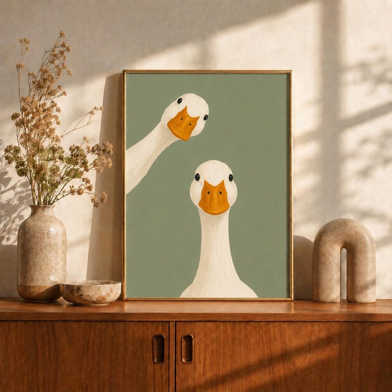 Goose Duo Poster, Minimalist Animal Wall Art, Funny Farmhouse Decor Print, Curious Duck Print, Sage Green Wall Art, Goose Lover Gift