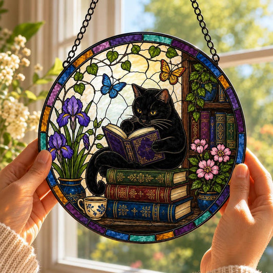 3D Black Cat Stained Glass Suncatcher, Book Lover Gift, Reading Cat Window Hanging