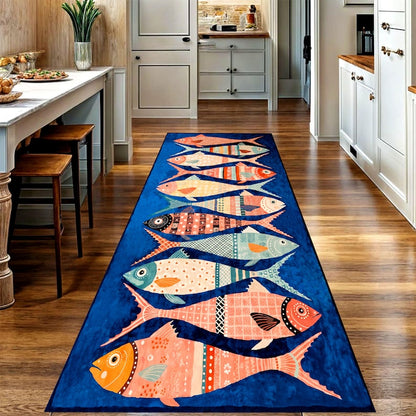 Blue Fish Kitchen Runner Rug: Colorful Seafood Carpet, Machine-Washable Non-Slip